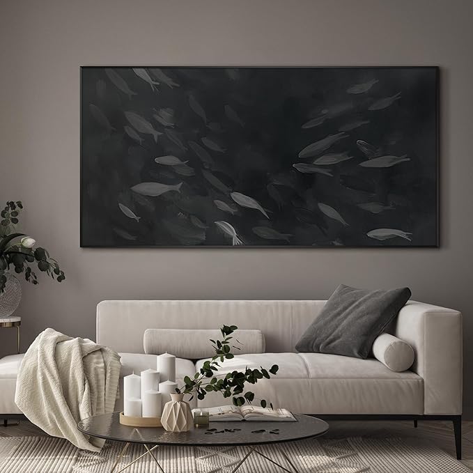 SIGNWIN 36"x72" Extra Large Framed Wall Art Monochrome Fish Silhouettes Illustration for Home Living Room Bedroom Decor (Frame Assembly Required)