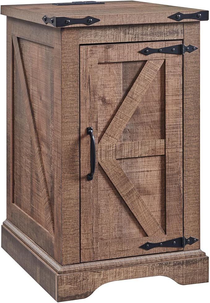 JXQTLINGMU Nightstand with Charging Station, Rectangular Farmhouse End Table with Barn Door and Adjustable Storage Shelf, 17" Deep Wood Rustic Sofa Side Table for Living Room, Bedroom, Light Brown