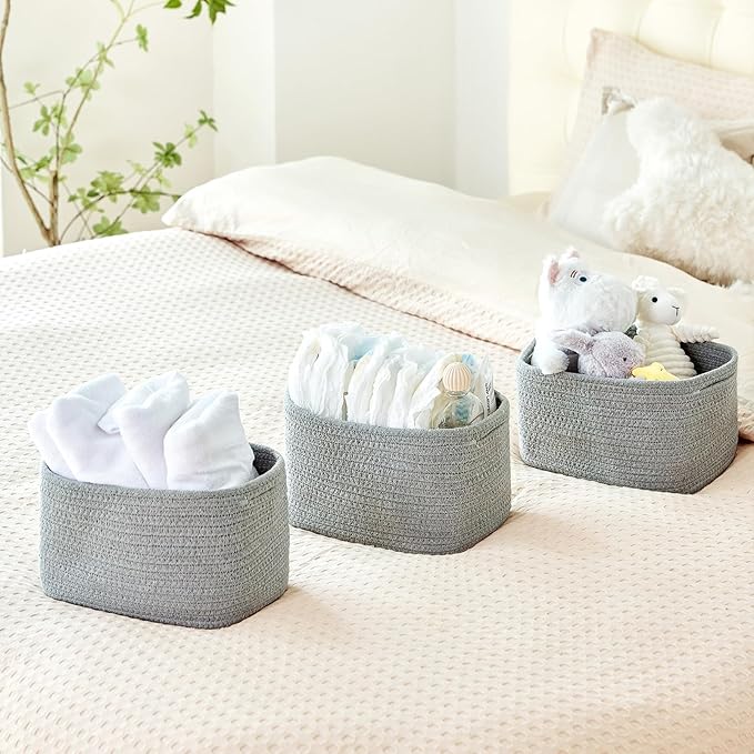 Small Baskets Set of 3-11"x7"x7" Perfect Toy Baskets for Storage, Ideal Storage Basket for Cube, Towels, and More - Basket for Shelves （Grey)