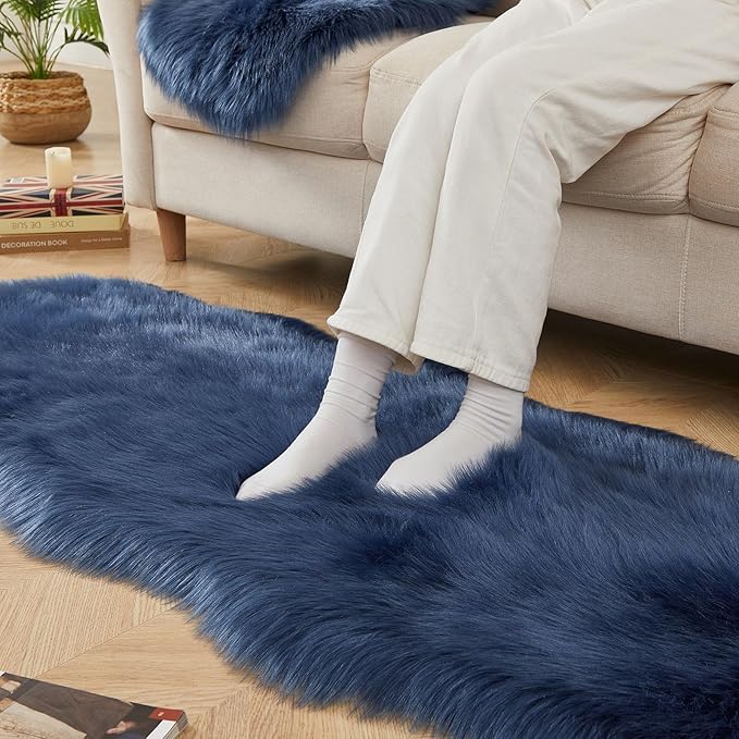 AMTOVO Faux Sheepskin Rug, Dark Blue Ultra Soft Fluffy Shag Area Rug, 2 x 6 ft Faux Fur Rug for Bedroom Sofa Throw Cushion Room Decor, Sheepskin