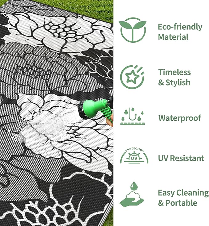 GENIMO Outdoor Rug Waterproof for Patio Decor, 8' x 10' Reversible Plastic Straw Floral Camping Carpet, Large Area Rugs Mats for RV, Camper, Deck, Balcony, Porch, Beach, Picnic, Mix-Black & White