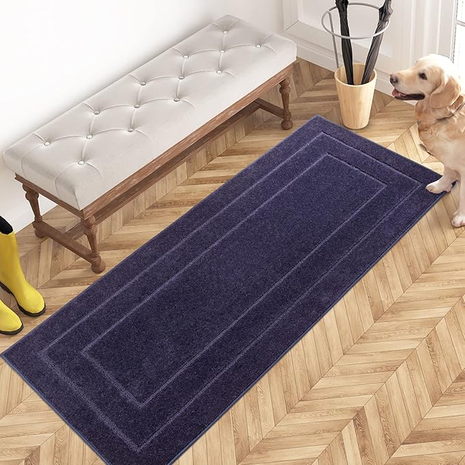 PURRUGS Dirt Trapping Door Mat 24" x 59", Non-Slip/Skid Machine Washable Entryway Rug, Dog Doormat, Super Absorbent Welcome Mat for Muddy Wet Shoes and Paws, Navy Blue