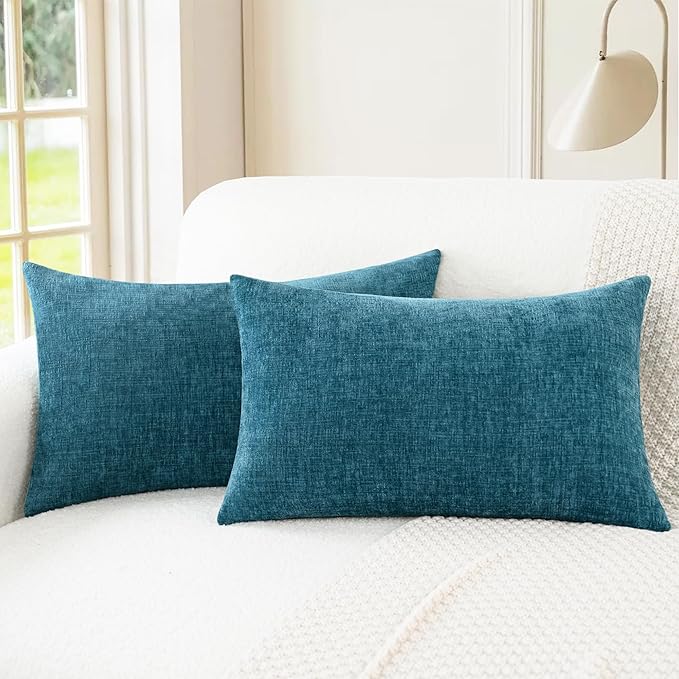 CaliTime Throw Pillow Covers Decorative 12 X 20 Inches Pack of 2 Cozy Chenille Cushion Cases for Couch Sofa Bed Living Room Home Ocean Blue