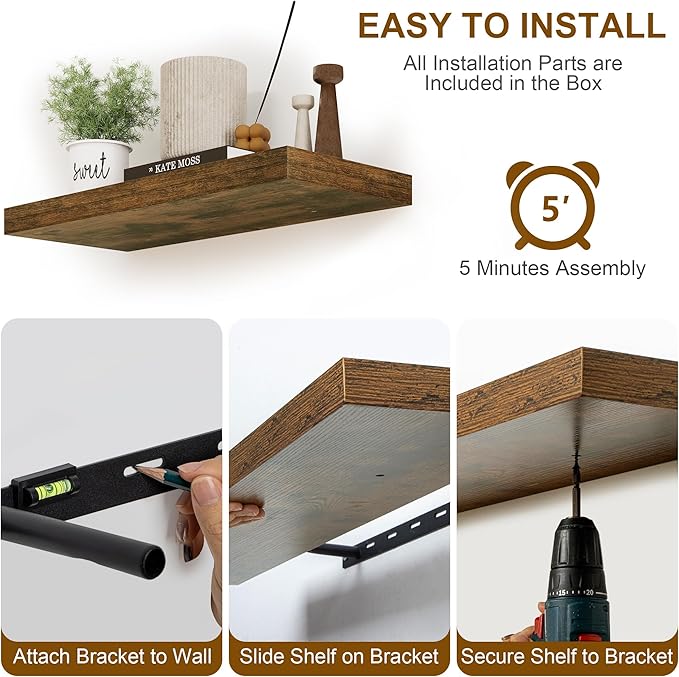 Floating Shelves, 8 Inch Deep Floating Shelves, 24"W x 8"D Wall Shelves Set of 2, Rustic Wood Floating Shelf for Home Decor, Deep Storage Shelves for Kitchen, Bedroom, Living Room, Rustic Brown