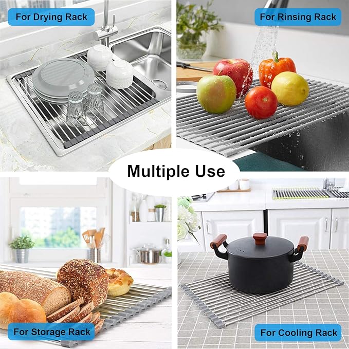 Searik Roll up Dish Drying Rack, Over The Sink Rolling Dish Drainer Rack Multipurpose Foldable Kitchen Stainless Steel Dish Rack Sink Drying Rack for Kitchen Sink Counter (17"x 15.7")