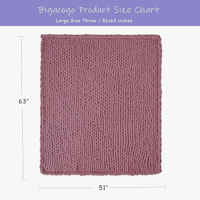 Bigacogo Chunky Knit Throw Blanket for Couch, 51x63 inches, 100% Hand Knitted with Thick Jumbo Chenille Yarn, Cozy Soft Large Rope Knot Cable Crochet Blankets for Sofa Bed Living Room, Burnt Rose