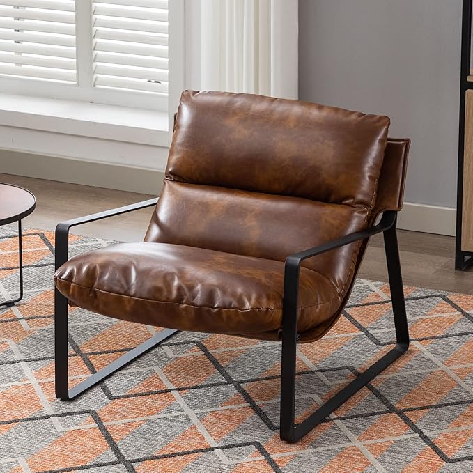 DUOMAY Mid-Century Accent Chair Armchair, Comfy PU Leather Leisure Chair Lazy Chair with Metal Leg for Living Room Bedroom Office Apartment, Brown