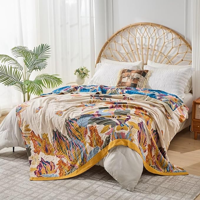 Boho Throw Blanket for Bed, Sofa,Cozy Warm Lightweight Fall Throw Blankets,100% Woven Cotton Southwestern Farmhouse Floral Decor Reversible Blanket, Chair, Picnic Blanket, 50"x60"