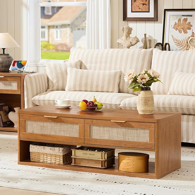 LEYAOYAO Boho Rattan Coffee Table Sets 3 Pieces, Nightstand with Charging Station and Coffee Table with Hidden Storage Compartment, Brown Living Room Table Set, Wood Furniture Sets for Home Office