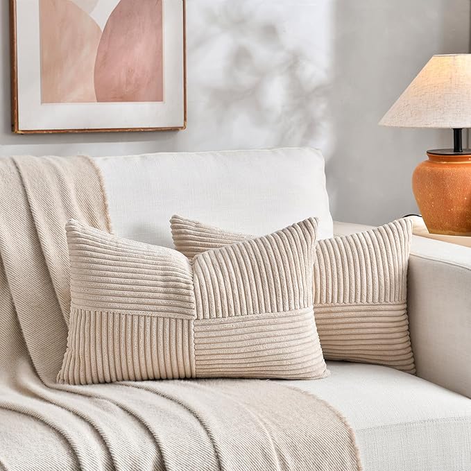 Fancy Homi 2 Packs Tan Lumbar Decorative Throw Pillow Covers 16x32 Inch for Living Room Couch Bed Sofa, Boho Home Decor, Soft Striped Corduroy Rectangle Accent Beige Cushion Case 40x80 cm