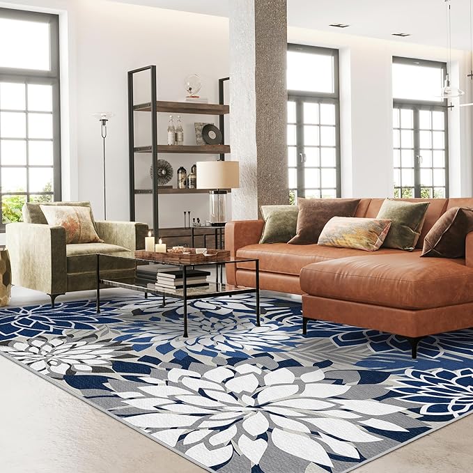 Indoor Outdoor Area Rug Washable Multicolored Patio Rug Tropical Botanical Modern Floral Indoor Outdoor Carpet Blue White Rug Non Slip for Patio, Deck, Backyard, Porch (8x10)