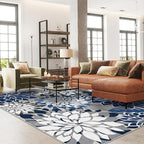 Indoor Outdoor Area Rug Washable Multicolored Patio Rug Tropical Botanical Modern Floral Indoor Outdoor Carpet Blue White Rug Non Slip for Patio, Deck, Backyard, Porch (8x10)