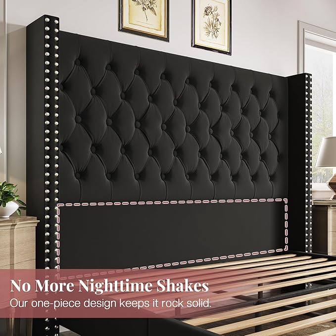 PaPaJet Queen Size Bed Frame with 61.4" Tall Headboard, Velvet Modern Upholstered Tufted Bed for Adults, Handmade Deep Button Tufting, Solid Wood Legs, No Box Spring Required, Black