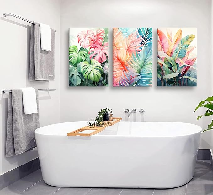 3pcs Framed Tropical Botanical Canvas Wall Art Monstera Leaves Posters Botanical Prints Bohemian style Wall Decor Pictures Palm Leaves Paintings for Bathroom living room Decoration