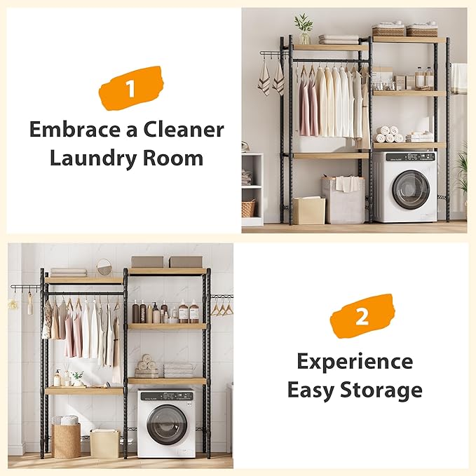 5-Tier Over-The-Washer Shelf - Adjustable 28" Laundry Organizer with 100lb Double Wood Shelves, Space-Saving Storage Unit for Small Homes (Natural & Black)