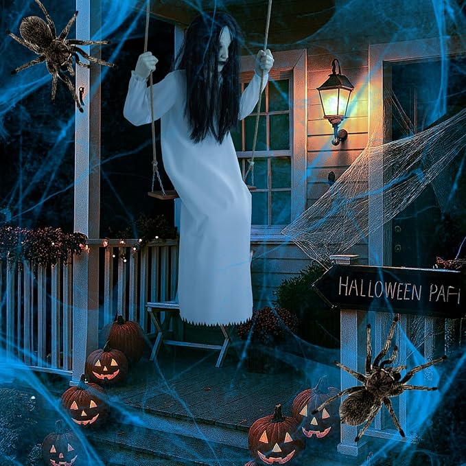 Halloween Decorations Outdoor Indoor Haunted Swinging Girl, Scary Ghost on Swing for Yard Porch, Creepy Motion Easy to Hang
