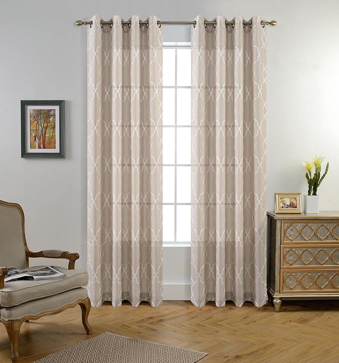 MIUCO Moroccan Embroidered Semi Sheer Curtains Faux Linen Grommet Window Drapes for Living Room 52 x 95 Inch 1 Pair Set, Linen