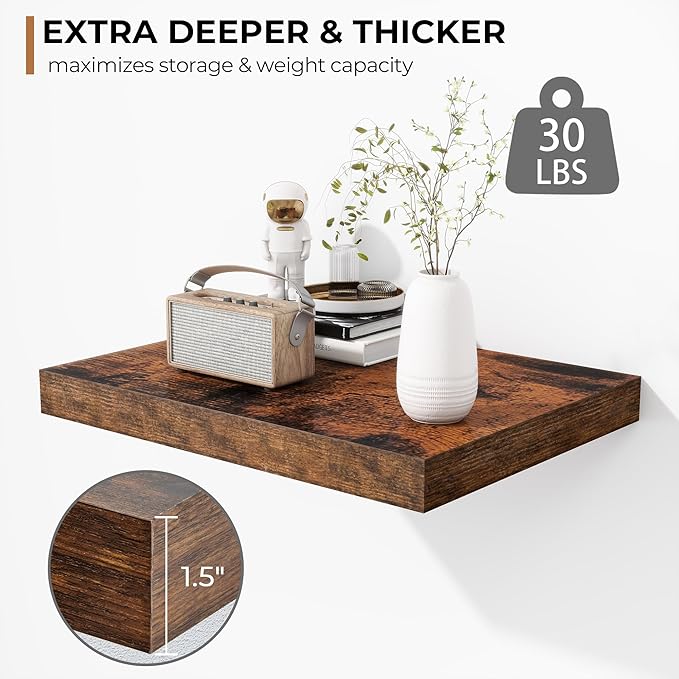 Fun Memories Floating Shelves - 2 Pack 12 Inch Deep Rustic Wooden Wall Shelves - Extra Deeper & Thicker Wall Mounted Storage Shelf for Living Room, Kitchen, Farmhouse - 16" W x 12" D x 1.5" H - Brown