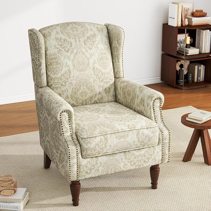 UIXE High Back Floral Accent Chair, Upholstered Armchair in Fabric for Living Room, Retro Wingback Arm Chair Comfy Single Sofa Bedroom Reading Seat with Solid Wood Legs, White