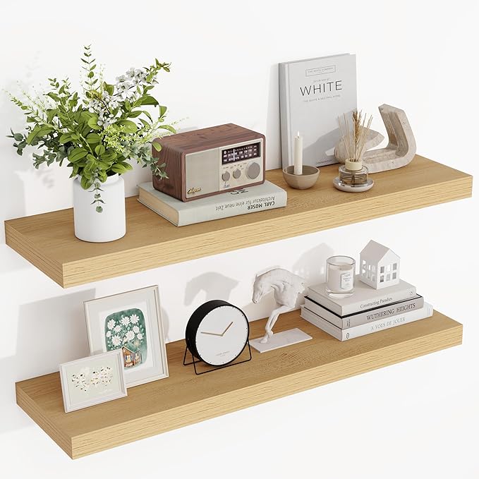 36 Inch Floating Shelves, 3D Textured Wood Grain, 36"x9.25"x1.5" Inch Deep Floating Shelves for Wall, Wooden Shelves for Bathroom, Bedroom, Living Room, Natural