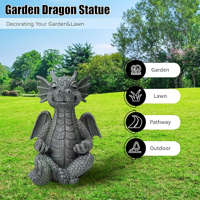 Garden Dragon Statue Decor - Meditation Dragon Sculpture Figurine Outdoor Decoration, Zen Yoga Garden Art Sculpture for Patio Lawn Yard Balcony Indoor Decor(Hands Flat)