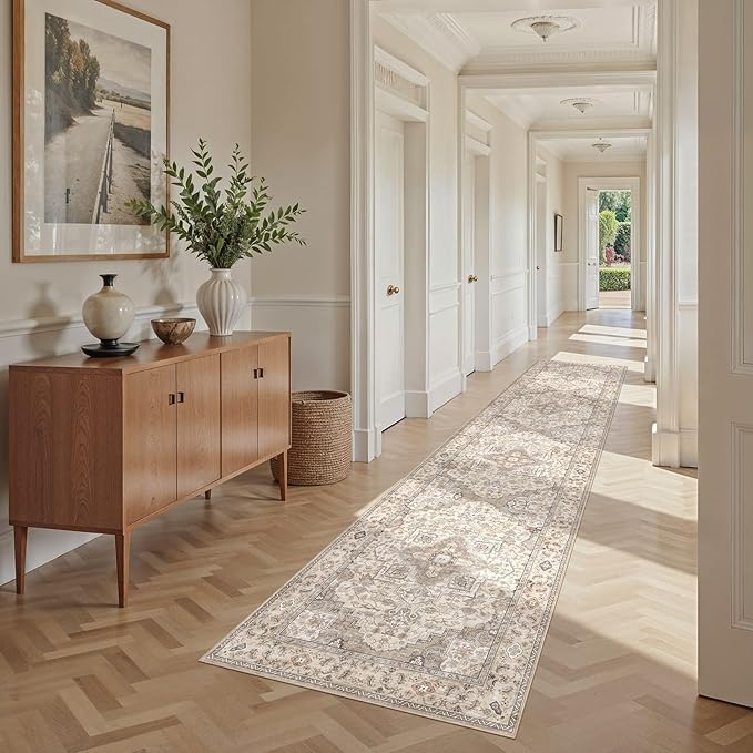 Washable 2.6x12 Runner Rug - Area Rugs Neutral Vintage Distressed Floral Farmhouse Boho Large Soft Floor Rug Indoor Carpet for Hallway Entryway Kitchen Home - Brown/Multi