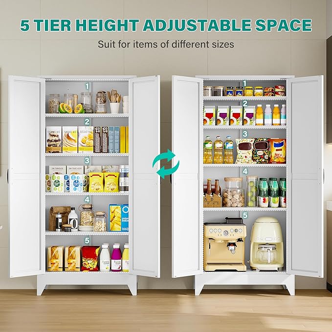 75" Tall Pantry Cabinet,Farmhouse Kitchen Pantry Storage Cabinets with 2 Doors and 5 Shelves,White Metal Storage Cabinet,Large Cupboard for Home,Kitchen,Dining/Living Room