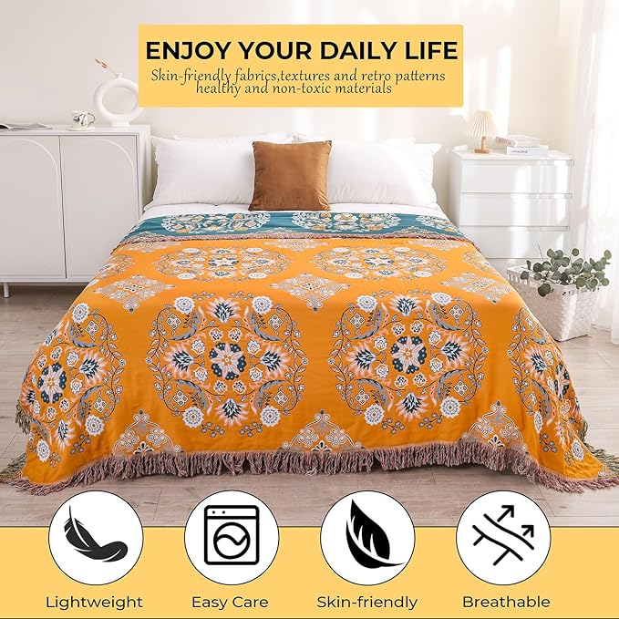 Boho Throw Blanket for Bed,100% Cotton Ultra Soft Lightweight Muslin 4-Layer Breathable Woven Throws 80''x 90'' Blanket Yellow Floral Printed Farmhouse Decor Bed Blankets