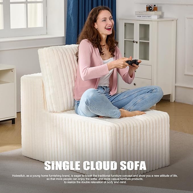Single Sofa 1 Seat Couch with Deep Seat Memory Foam Cloud Chair with Pillows Large Sofa with L Shape for Living Room Bedroom (Strip White, Single)