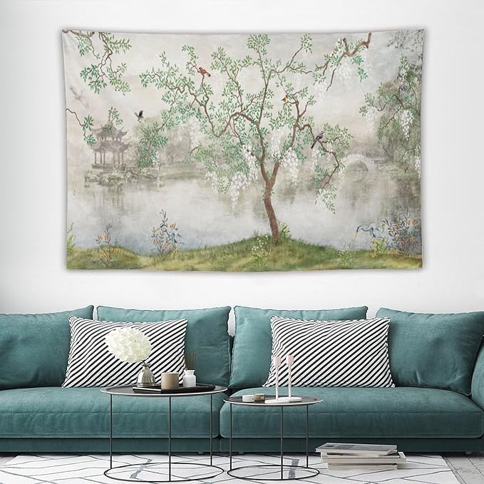 HZOHNAGO Japanese Tapestry Tree Misty Garden Lake Printed Wall Tapestry Ink Painting Wall Hanging for Bedroom Living Room Dorm 90" W x 60" H