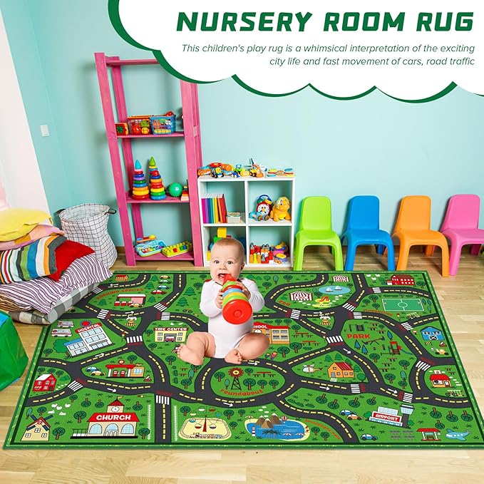 Kids Carpet Playmat Rug 5 x 7 ft Player Car Rug, City Life Traffic Road Map Mat Educational Game Area Mat for Toddler Children Playroom Classroom Bedroom(Green)