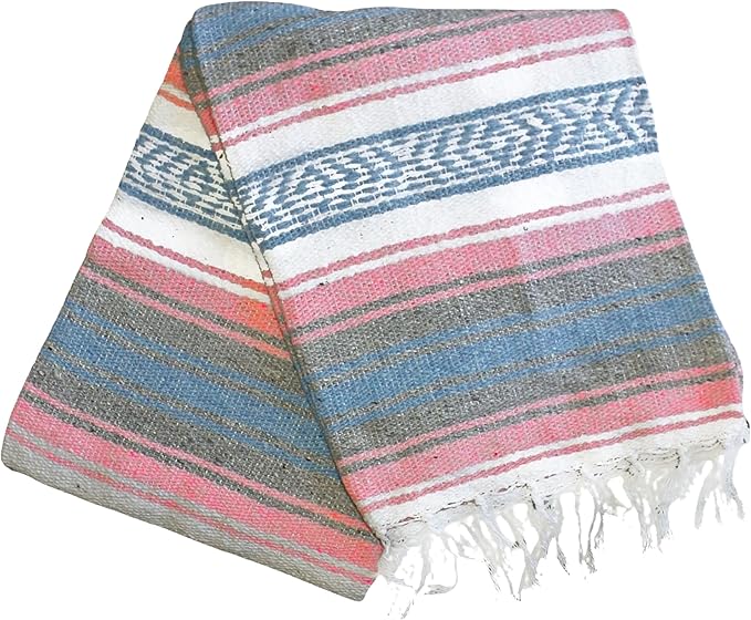 Del Mex Classic Mexican Blanket, Large Authentic Woven Falsa Throw (70"x50"), Artisan Southwest Décor for Beach, Yoga, Outdoors (Light Pink/Blue)