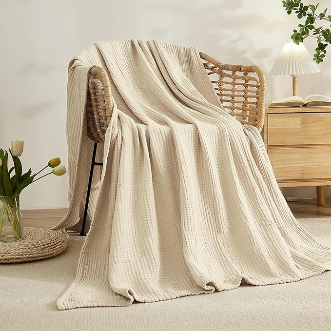 EMME Cotton Throw Blanket for Couch Soft Muslin Blankets 50"x60" Lightweight Breathable Blanket All Season Gauze Blanket, Light Tan