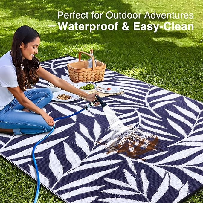 OLANLY Waterproof Outdoor Rug 8x10 ft, Reversible Outdoor Plastic Straw Rug with Leaf Pattern, RV Mat, Indoor Outdoor Carpet for Patio, Camping, Balcony, Deck, Backyard, Navy & White