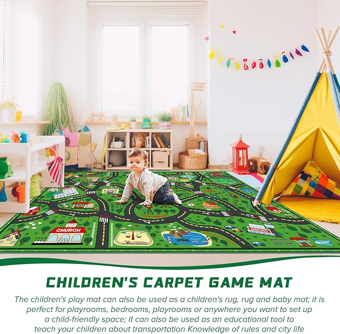 Kids Carpet Playmat Rug 5 x 7 ft Player Car Rug, City Life Traffic Road Map Mat Educational Game Area Mat for Toddler Children Playroom Classroom Bedroom(Green)