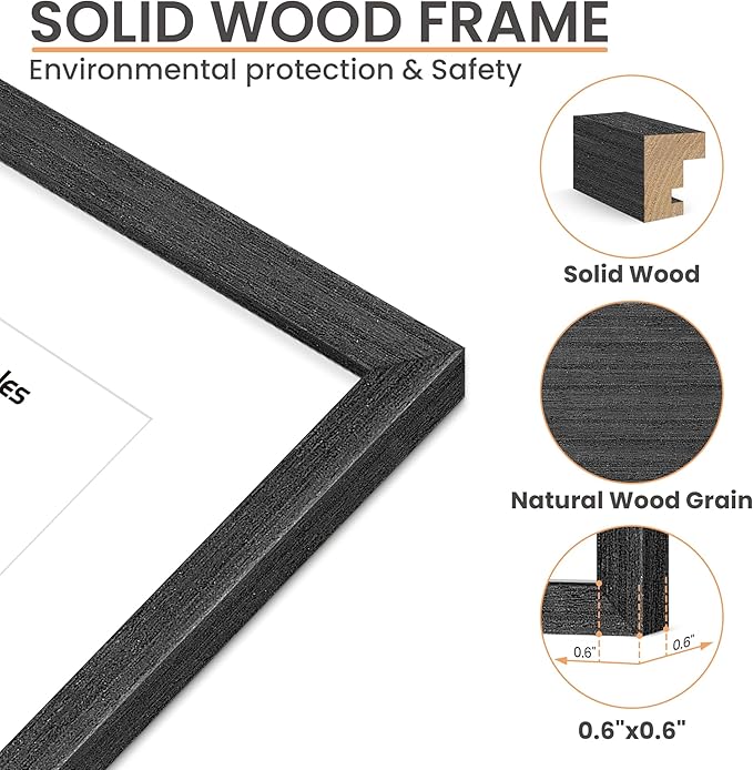 upsimples 8x10 Picture Frame, Natural Solid Wooden Picture Frames, Display 5x7 with Mat or 8 x 10 Without Mat, Wall or Tabletop, 1 Pack, Black