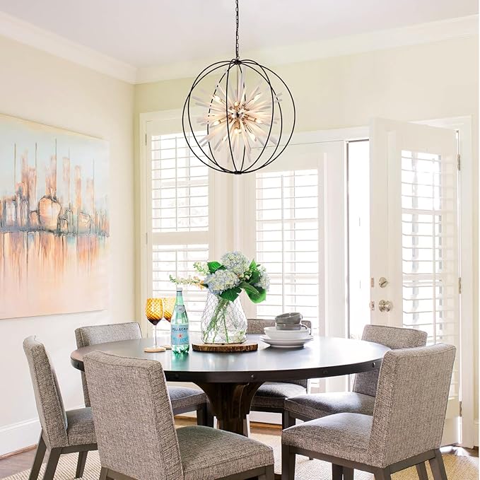 31.5" Black Gold 16-Light Globe Sputnik Chandelier Modern Industrial Adjustable Hanging Ceiling Pendant Light Fixture for Entryway Foyer Stairway Dining Living Room Hallway