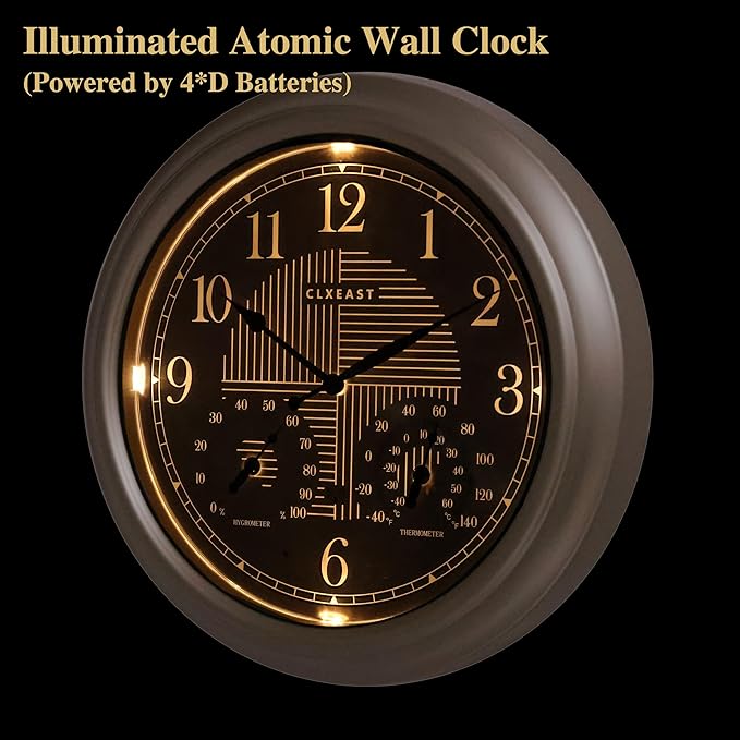 CLXEAST 18 Inch Illuminated Outdoor Indoor Atomic Analog Wall Clock with Temperature & Humidity Combo, Lighted Outdoor Clocks for Patio Large Waterproof with Thermometer, Modern Morning Silver/Gold
