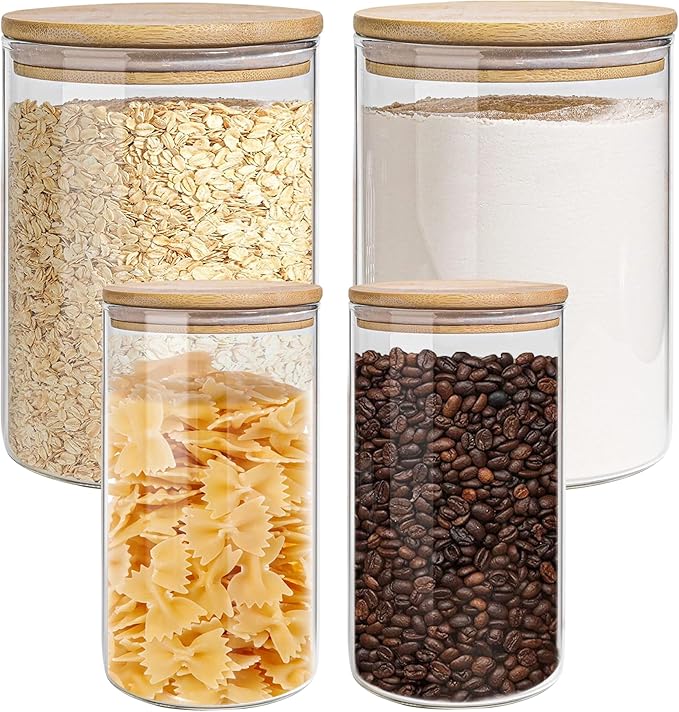 Glass Storage Jars Set Elegant Containers with Airtight Bamboo Lids, Perfect for Kitchen Organization - Flour, Rice, Pasta, Sugar, Coffee Beans (2 packs(37oz) / 2 packs(111oz))