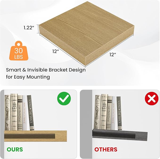 Square Floating Shelves for Wall, 12" W x 12" D x 1.2" H, Small Wooden Wall Mounted Display Shelves with Invisible Brackets for Living Room, Bedroom, Bathroom, Kitchen Decor, Set of 3, Oak
