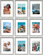 Vittanly 9x12 Picture Frames Set of 9, Shatter Resistant Plexiglass, Display 6x8 Pictures with Mat or 9x12 without Mat, Photo Frames for Wall or Tabletop, Engineered Wood, Grey