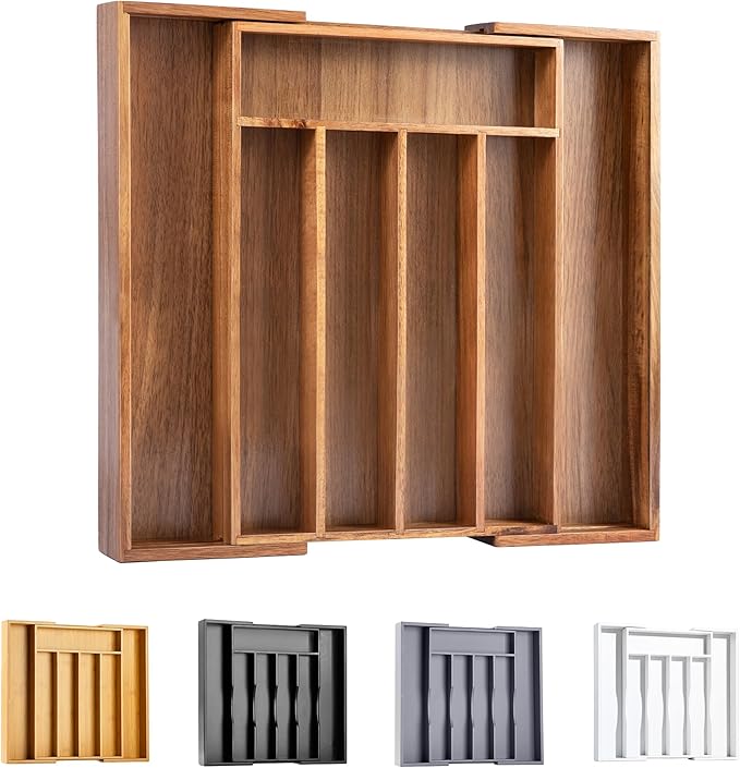 Bellsal Acacia Silverware Organizer Kitchen Drawer Organizer Expandable Bamboo Utensil Holder Cutlery Tray for Kitchen Utensil and Flatware Bedroom Office