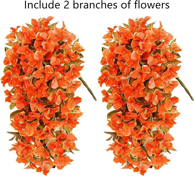 Bougainvillea Artificial Flowers Plants for Outdoors Outside Fall Autumn Decor, 2 pcs Faux Silk Long Trailing Vines UV Resistant Look Real Orange Fake Flowers for Front Door Porch Planter Urn Patio