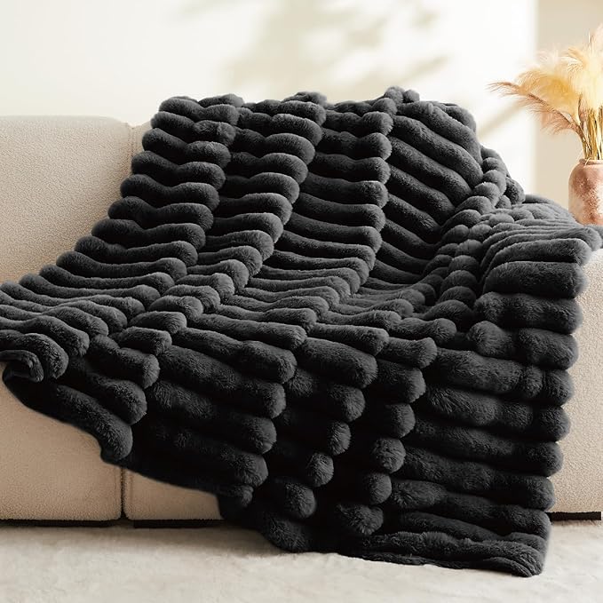 BEDELITE Faux Fur Throw Blanket for Couch, Soft and Cozy Luxurious 3D Striped Fluffy Blanket, 770GSM Thick Warm Plush Fuzzy Faux Rabbit Fur Blanket for Women Gift (Black, 50"x 60")