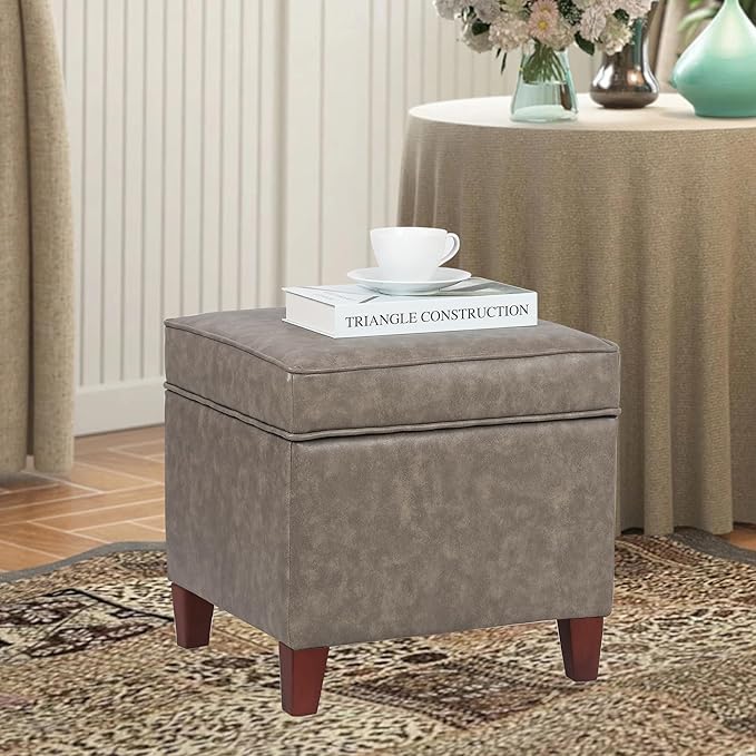 Adeco 17.5" Square Faux Leather Ottoman with Storage - Upholstered PU Foot Rest - Flip Top Footstool with Sturdy Wood Legs, Small Cube Coffee Table Extra Seat for Living Room, Bedroom, Coffee Brown