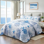 Coastal Bedding King Size Coastal Quilt with Sham, Nautical Beach Comforter Sets Ocean Bedspreads Blue Starfish Coverlet Summer Bedding, 68''x86''