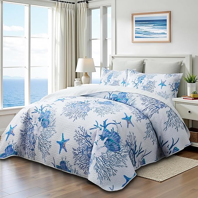 Coastal Bedding Queen Size Coastal Quilt with 2 Shams, Nautical Beach Comforter Sets Ocean Bedspreads Blue Starfish Coverlet Summer Bedding, 90''x96''