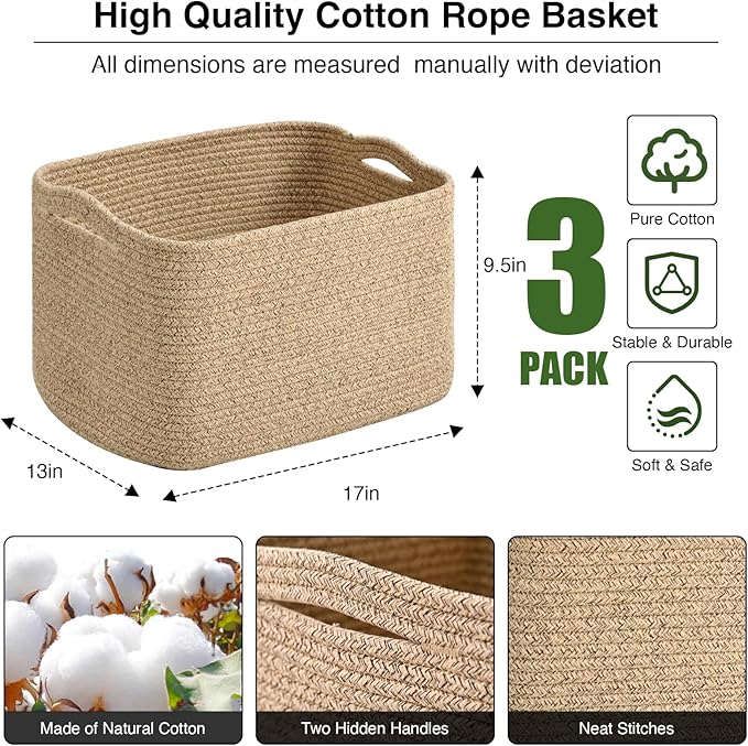 Large Storage Baskets for Organizing Shelves, Woven Cotton Rope Bins for Baby Nursery Organization, Book Toy Towel Organizer, 17"x13"x9.5", 3 Packs, Brown