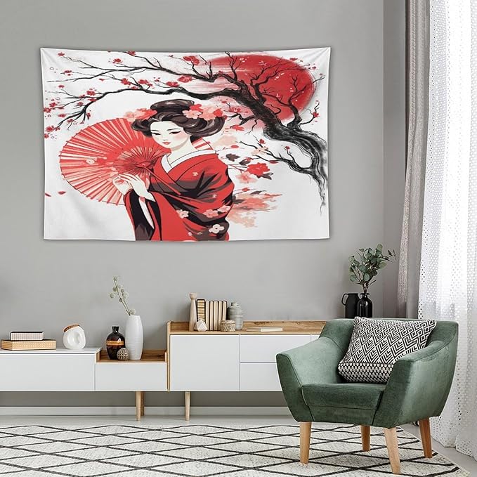 Japanese Red Geisha Tapestry Asian Cherry Blossom Traditional Kimono Folk Tapestries Home Decor for Living Room Bedroom Apartment Farmhouse Dorm 60"x40"