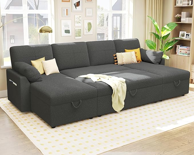 VanAcc Sleeper Sofa, 110 inch Oversize - 2 in 1 Pull Out Bed, Sectional Sleeper Sofa with Double Storage Chaise for Living Room, Grey Boucle Couch